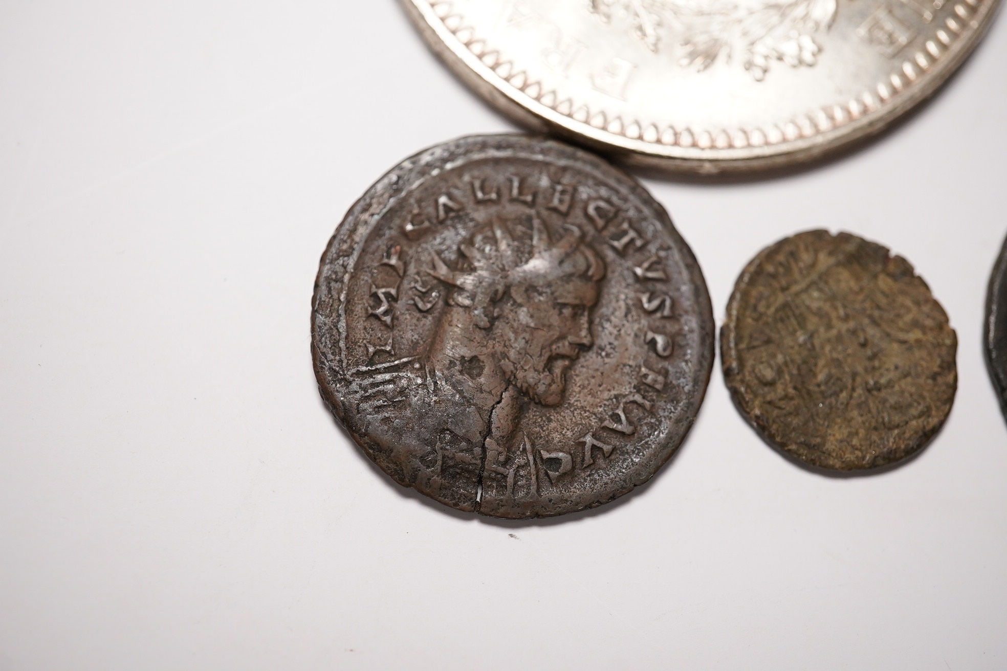 Two fifty Franc silver coins and four Roman AE coins. Condition - as per images